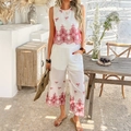 Ensemble d'été pour femme avec haut sans manches blanc et pantalon large court avec broderies rouges - Rouge / S