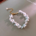 Handmade flower bracelet with white resin petals and light blue glass beads - 9# Bracelet - Gold - Blue - Pink - White