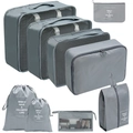 8-piece grey travel packing cube set including mesh bags and shoe organizer pouch - Cosmetic Bag 9-Piece Set / Gray