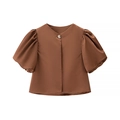 Elegant brown puff sleeve satin blouse for women with a round neck and single button - S / Chocolate