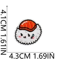Detail of embroidered salmon sushi patch with cartoon face and precise size dimensions - Sad Salmon