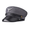Close-up of military cap featuring grey wool fabric, black leather brim, and silver bull head badge - M (56-58cm) / Gray (Bull Head)