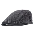 Donkergrijze denim baret met gewassen ruitpatroon en metalen gesp aan zijkant - Zwart