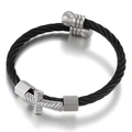 Black twisted wire cable bracelet with silver cross charm and stainless steel accents - Black and Silver Tone