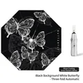 Three-fold automatic umbrella featuring black canopy with white butterfly pattern and silver lining - Automatic 3-Fold Dark Butterfly - Silver Coating
