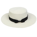 Cream-colored flat top straw hat with wide brim and elegant black ribbon bow accessory - Ribbon Bow Decor Band Style (303J)