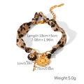 Detailed view of leopard print fabric bracelet with golden sunflower charm and sizing - Leopard Print Sunflower Fabric Bracelet XZ-B20364