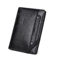 Black RFID leather passport wallet with elastic strap and travel logo detail - Black
