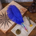 Rainbow gradient feather ballpoint pen set with vintage blue quill and metal pen holder - Blue