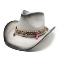Sombrero de vaquero de paja degradada con banda étnica, borlas rosas y conchas de mar - M (56-58cm) / Degradado Blanco y Negro