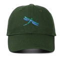 Close-up of fine dragonfly embroidery on a dark green cotton twill baseball cap - Army Green