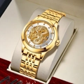 All-gold automatic mechanical watch with gold dragon relief and five-link metal strap - Gold Case White Dial Steel Band