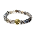 Agate beaded bracelet with golden lion head charm in a greyish-brown natural stone finish - Dragon Vein + Gold