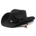 Black straw cowboy hat with brown leather band and adjustable wind rope for sun protection - M (56-58cm) / Black