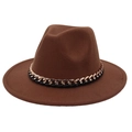 Detailed view of dark brown fedora hat with gold and black braided chain strap trim - M (56-58cm) / Coffee (Black Chain Decor)