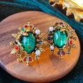 Vintage emerald glass crown earrings with pearls and gold floral court style details - 4# Green Crown Pearl (Silver Earring Post)