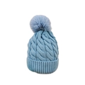 Detail view of light blue cable knit beanie with fluffy faux fur pompom for winter warmth - Blue
