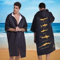 Black microfiber beach poncho with hood and zipper featuring yellow shark prints on back - One Size / Zipper Style - Black with Yellow Fish