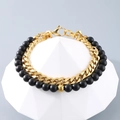Men's double-layer Cuban chain and black onyx bead bracelet with a gold finish - Gold (KB191610-Z)