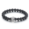 Natural agate tiger eye stone beaded bracelet with silver skull charm and elastic cord - 8mm Matte Black Agate Skull Style (KB70578-BD)