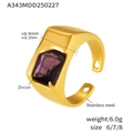 Macro detail of gold PVD plated stainless steel ring featuring rectangle purple zircon - US 6 / Gold Purple Zircon Style (A343)