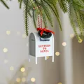 White mini Letters to Santa mailbox ornament with wreath and red bow, 8cm tall - Iron Garland Mailbox / White
