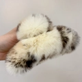 Detail of extra large plush shark hair claw clip in beige faux rabbit fur with black spots - Small (13cm) / Beige Leopard
