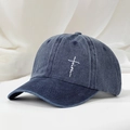 Dark blue washed cotton baseball cap featuring white faith cross embroidery on front - Navy Blue