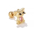 Gold puppy stud earring with pink heart gemstone and screw back closure for women - Cute Dog Style / Gold