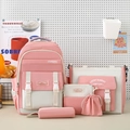 Fünfteiliges Set aus rosa und beigem Schulrucksack mit Tragetasche und Federmäppchen - Rosa und Weiß