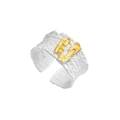S925 sterling silver open ring featuring bark texture and gold-tone contrast accents - Adjustable Open / Silver-Gold Mix