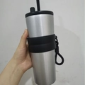 Silver stainless steel tumbler with black silicone grip handle and straw, variant view - Grey No Pendant