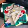 Elegant silk scarf featuring lotus and butterfly print with a deep green border - 93 Square Scarves / 65