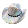 Iridescent snakeskin cowboy hat with wide brim and studded leather band on white background - M (56-58cm) / White