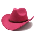 Detail of rose pink wool felt cowboy hat featuring a textured brown leather band and wide brim - M (56-58cm) / Rose Red