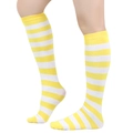 Close-up of yellow and white striped knee-high socks with breathable knit texture - Straight Without Heel / Yellow And White Wide Stripe