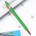 Green matte aluminum stylus ballpoint pen with rose gold metal accents and rubber tip - Green