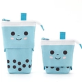 Blue canvas telescopic pencil case with bubble tea design and cute cartoon face - Blue Velvet Milk Tea