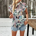 Dames blouse van chiffon met bloemenprint opstaande kraag en stijlvolle ruwharen mouwen - S / Groen