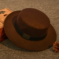 Flat top dark brown wool felt hat with black grosgrain ribbon for winter fashion - Coffee