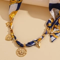 Bohemian silk scarf necklace with golden charms featuring sun, heart and elephant pendants - 14# Necklace-Yellow