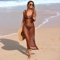 Robe de plage longue au crochet marron avec fente latérale et décolleté dos nu chic - Café