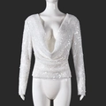 Detail of white sequin mesh top with a deep V-neck drape design on a mannequin - S / White