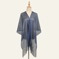 Dark blue shimmer metallic shawl with elegant fringe trim for evening beach cover-up - Navy Blue