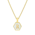 18K gold hexagon shell pendant necklace with letter R on a delicate cross chain - White Shell R