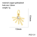 Gros plan d'un pendentif soleil en cuivre doré de 13mm montrant les dimensions détaillées - Rayon de Soleil (P02131)