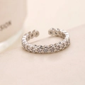 Macro detail of silver adjustable honeycomb ring with sparkling cubic zirconia inlay - Silver (D9407)