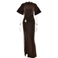 Detail view of brown glossy fabric dress featuring elegant waist pleats and a gold buckle decoration - M / Coffee
