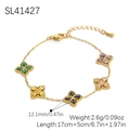 Gold stainless steel bracelet featuring five colorful clover motifs in a 17cm chain - Five-Flower Colorful Lucky Clover Rhinestone Bracelet (SL41427)