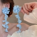 Blue fabric flower drop earrings with matching beads shown on model for elegant style - 83# Silver Pin - Blue